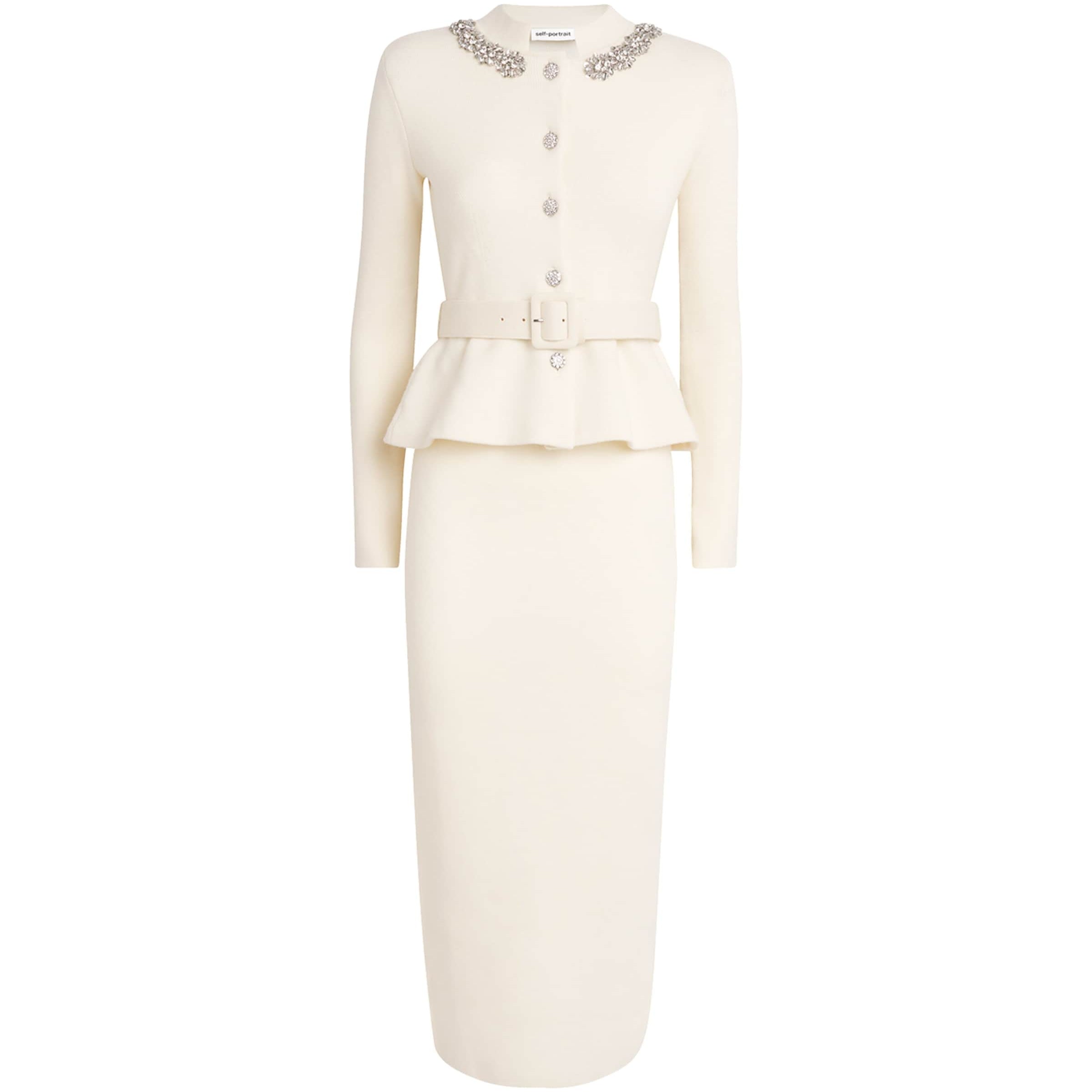 Self-Portrait Ivory Knitted Embellished Midi Dress