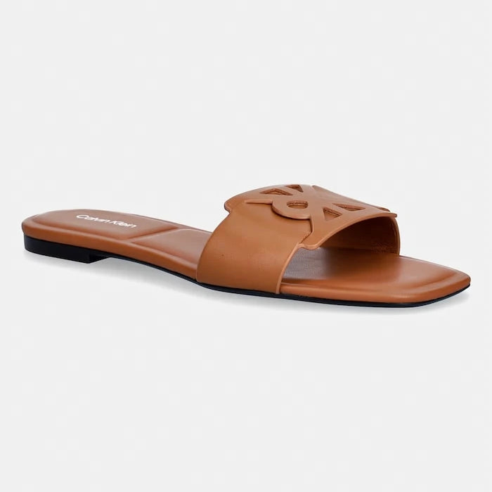 Calvin Klein чехли дамски кожени SQUARE FLAT SANDAL EMBLEM