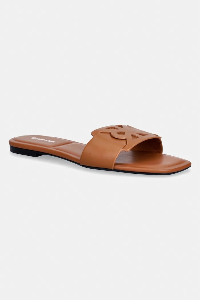 Calvin Klein чехли дамски кожени SQUARE FLAT SANDAL EMBLEM