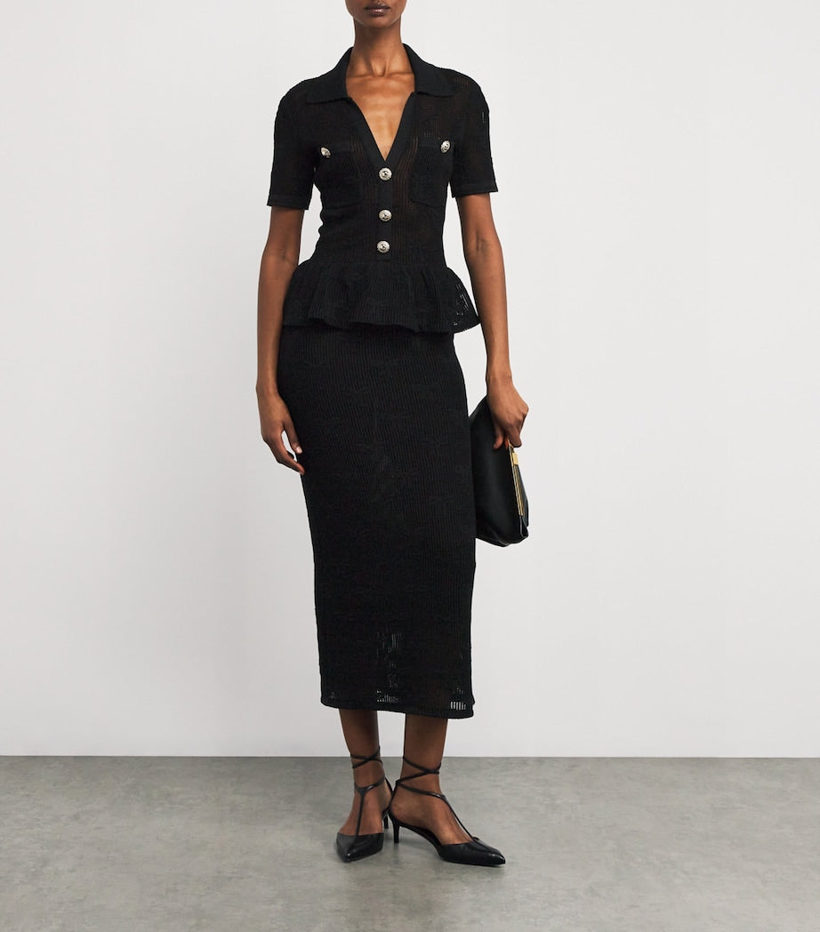 Self-Portrait Crochet Peplum Midi Dress BLACK
