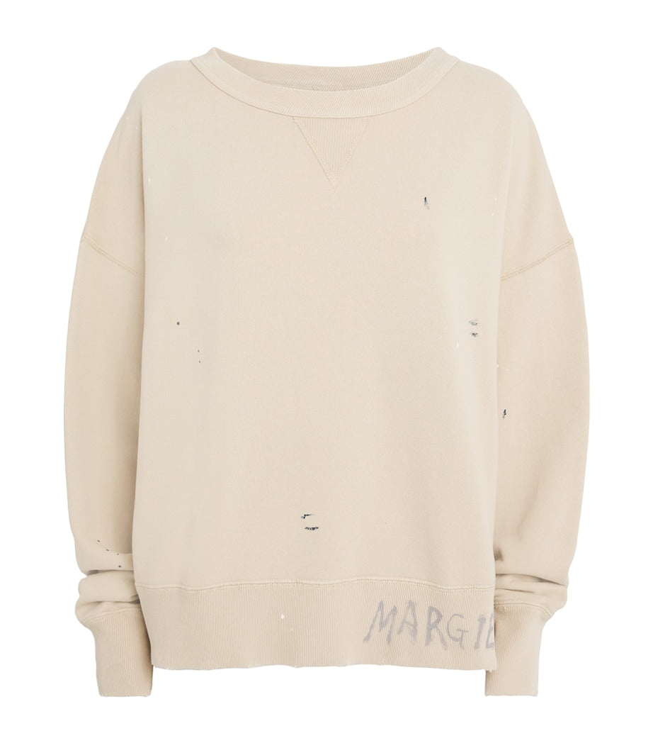 Maison Margiela Beige Cotton Distressed Logo Sweatshirt