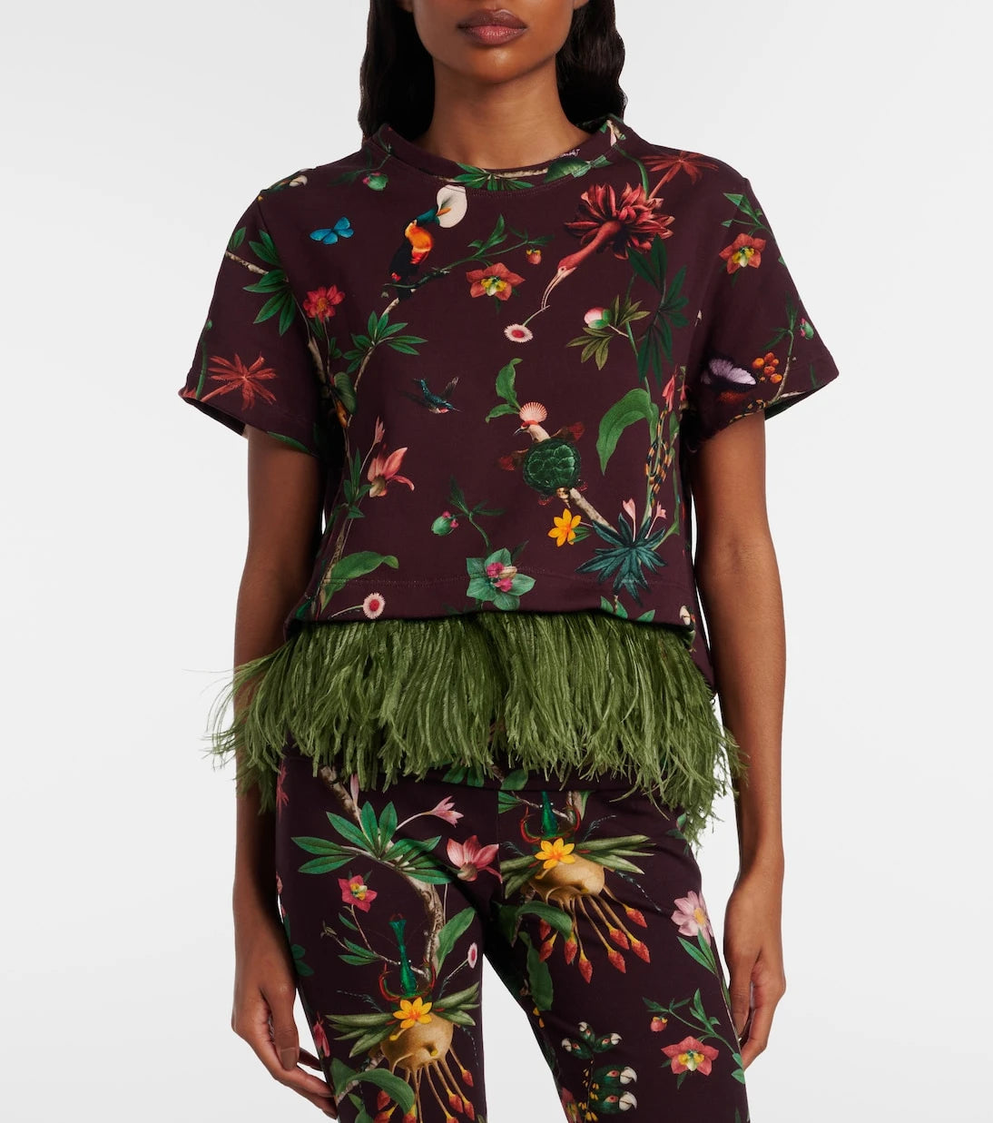 La DoubleJ - La Scala feather-trimmed printed cotton T-shirt
