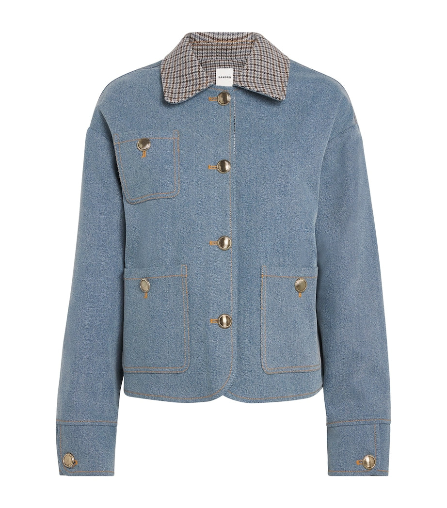 Sandro Paris Blue Denim Check-Trim Jacket
