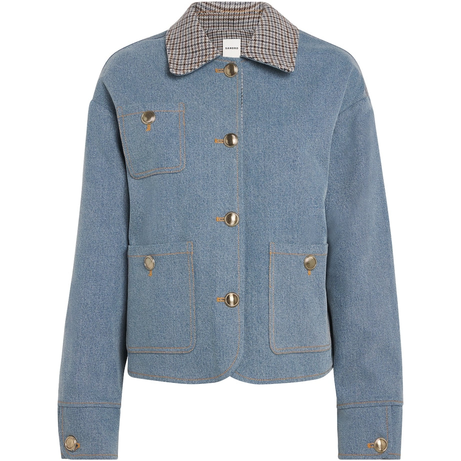 Sandro Paris Blue Denim Check-Trim Jacket