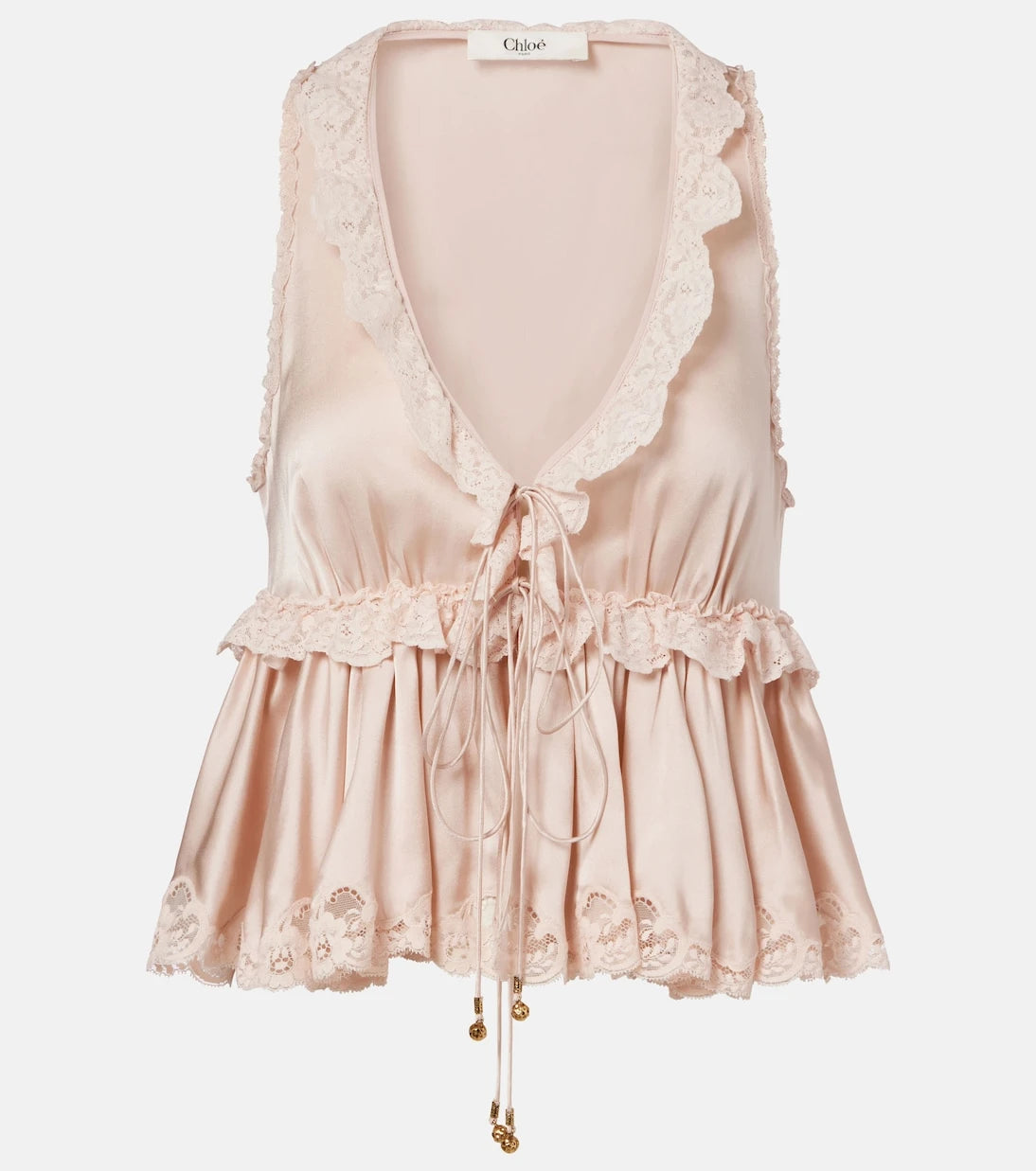 Chloé - Lace-trimmed silk satin top