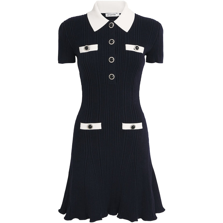 Self-Portrait Navy Rib-Knit Contrast-Trim Mini Dress
