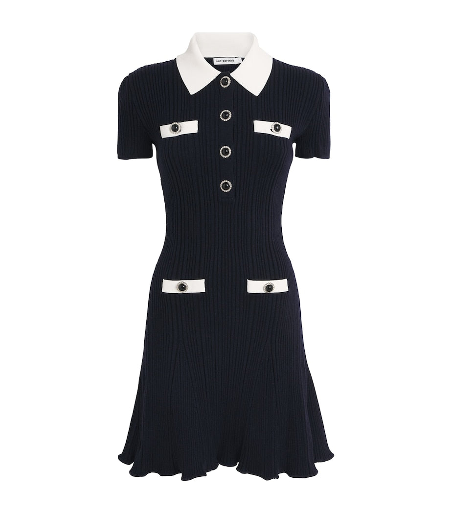 Self-Portrait Navy Rib-Knit Contrast-Trim Mini Dress