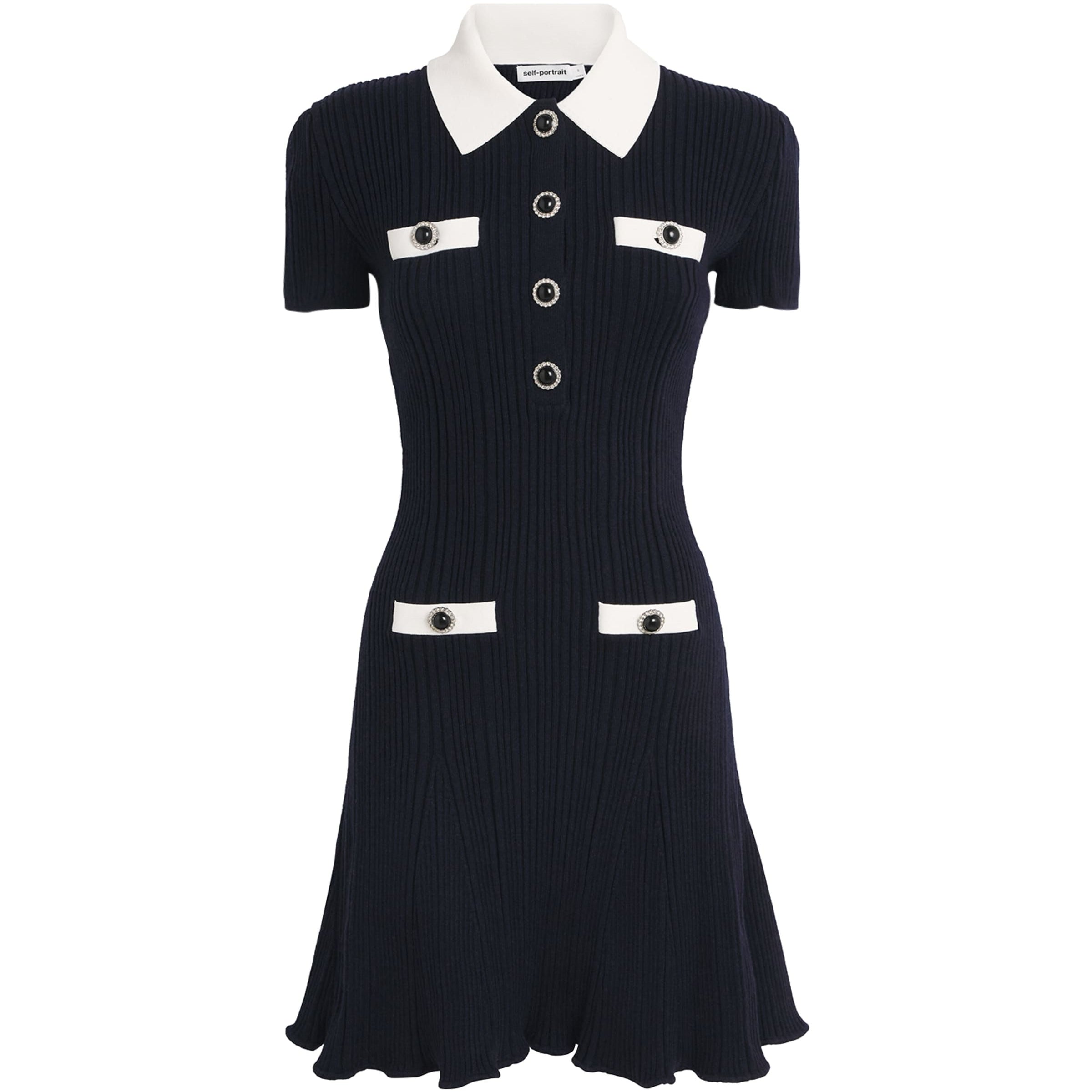 Self-Portrait Navy Rib-Knit Contrast-Trim Mini Dress