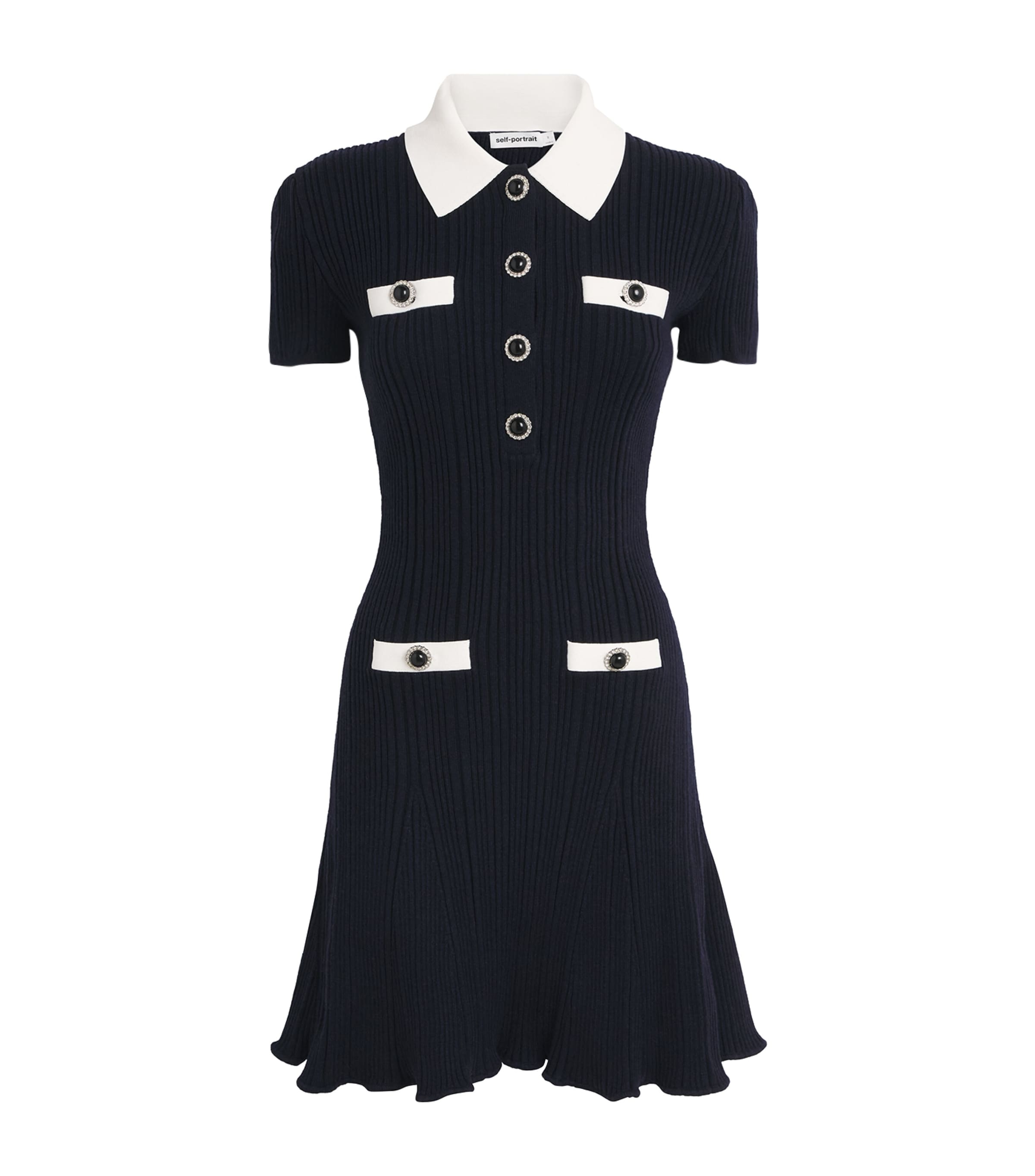 Self-Portrait Navy Rib-Knit Contrast-Trim Mini Dress