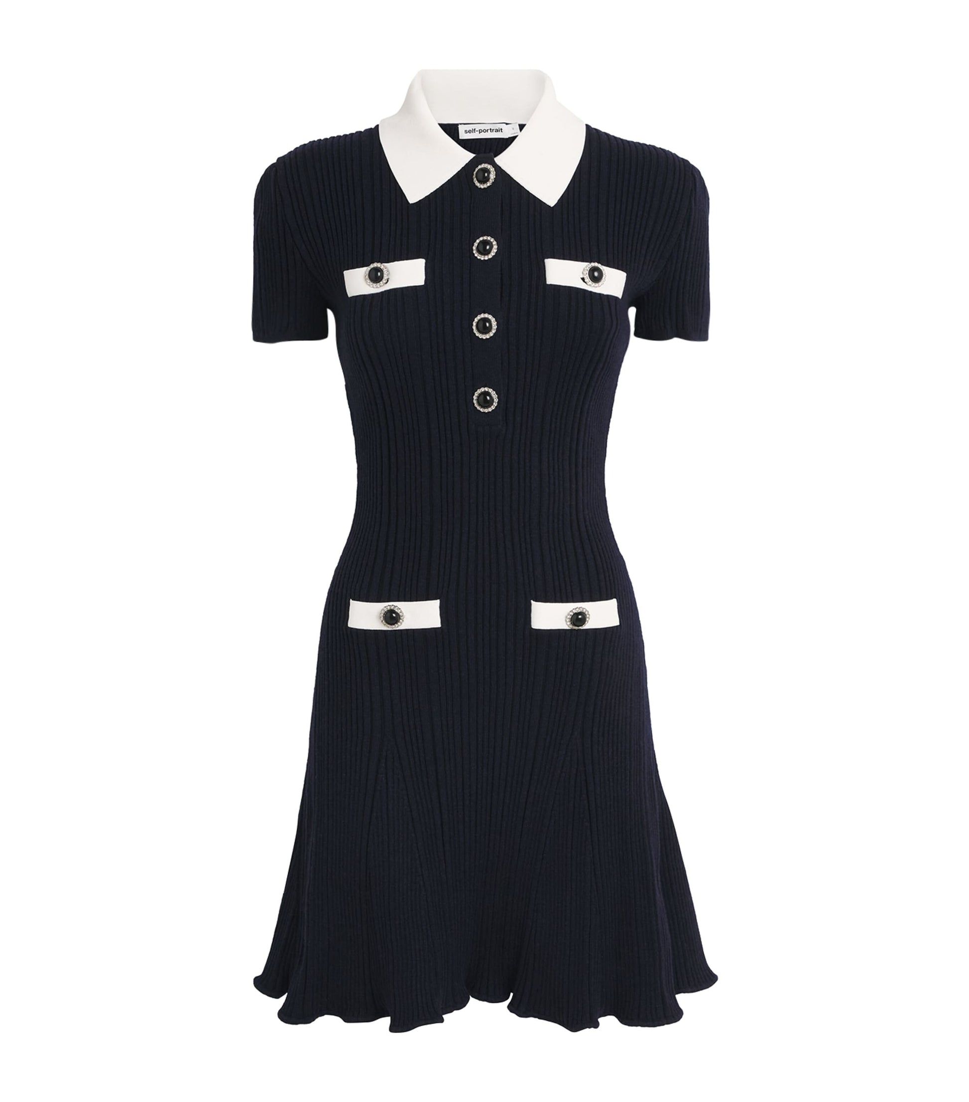 Self-Portrait Navy Rib-Knit Contrast-Trim Mini Dress