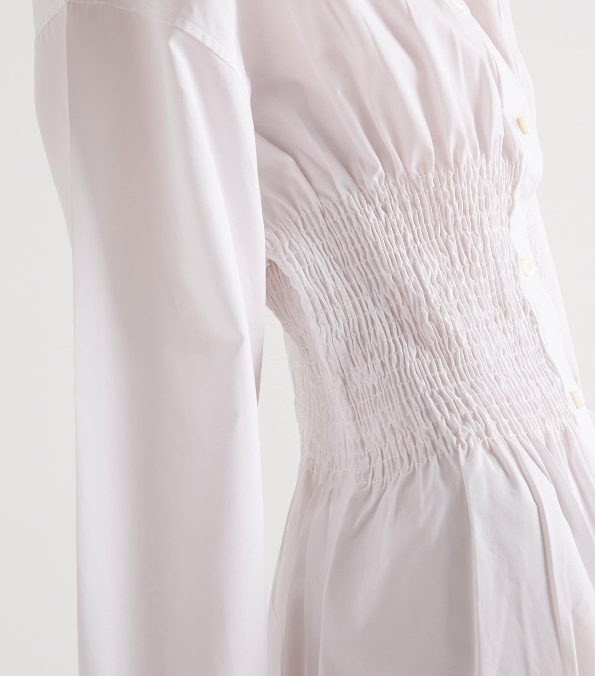 White Poplin Smocked-Waist Shirt Dress