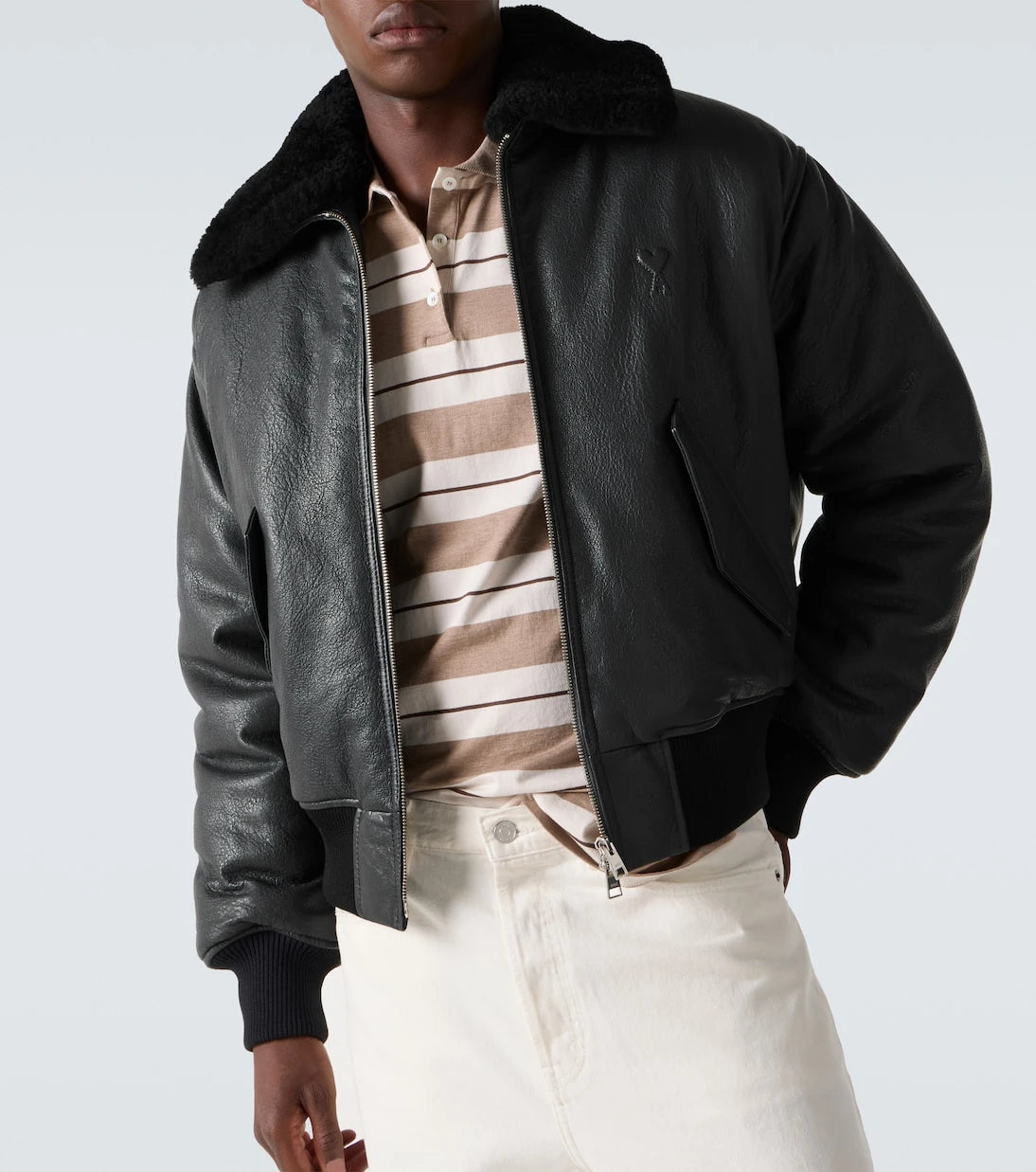 Ami Paris - Shearling-trimmed leather bomber jacket