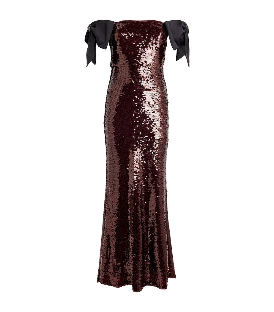 Self-Portrait Brown Sequin Off-The-Shoulder Maxi Dress