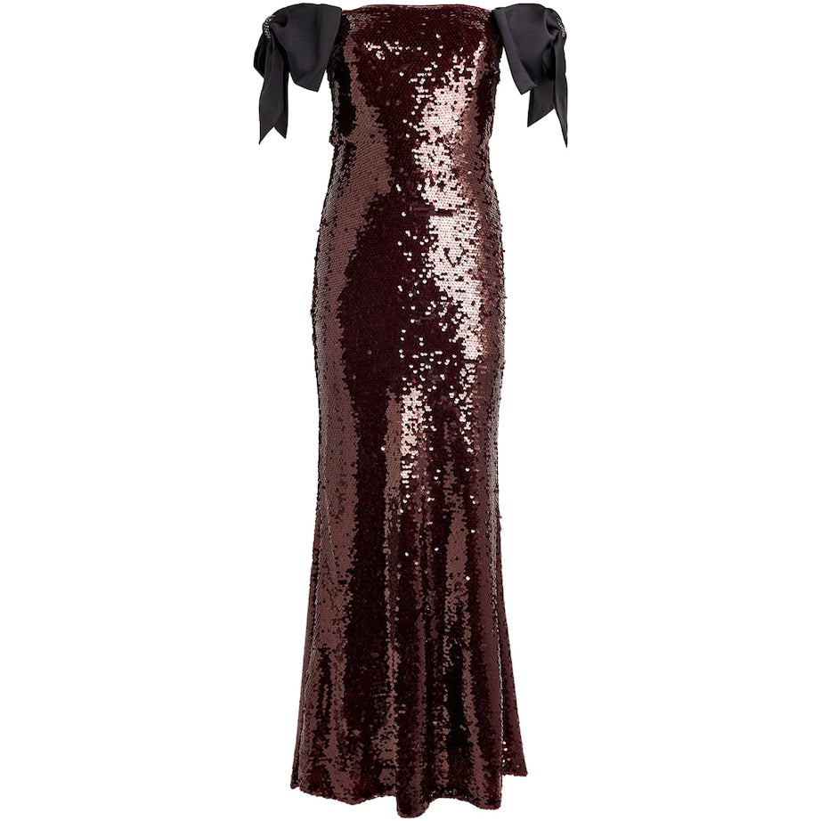 Self-Portrait Brown Sequin Off-The-Shoulder Maxi Dress