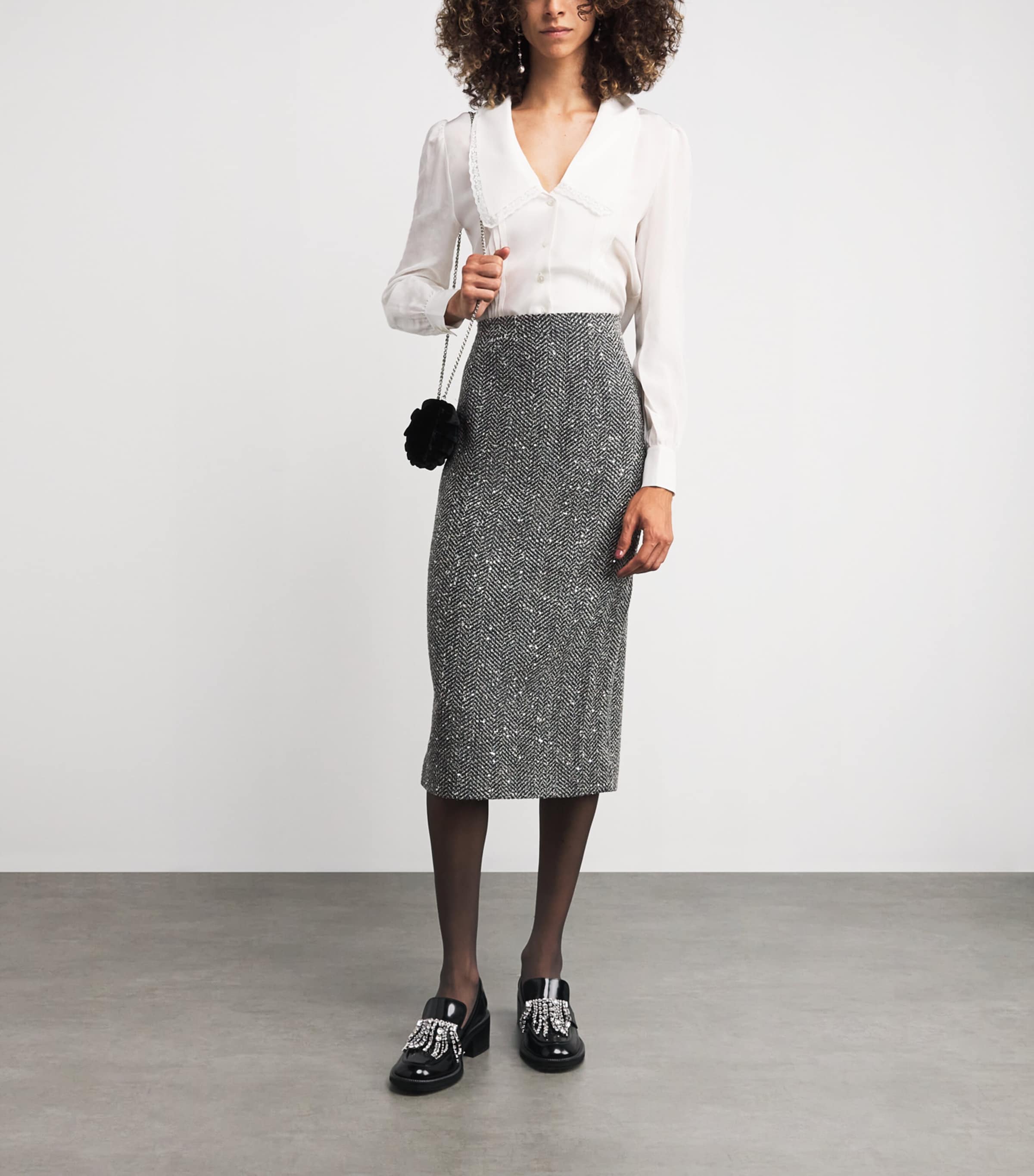 Tweed Embellished Midi Pencil Skirt