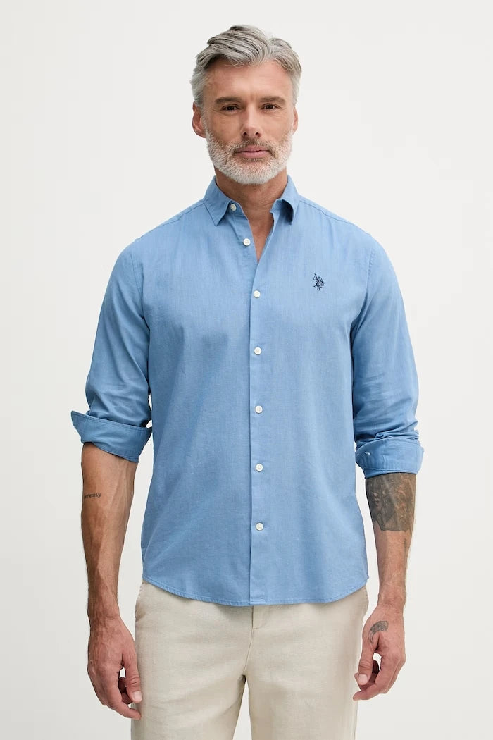 U.S. Polo Assn. риза мъжка с памук LINEN BLEND LS