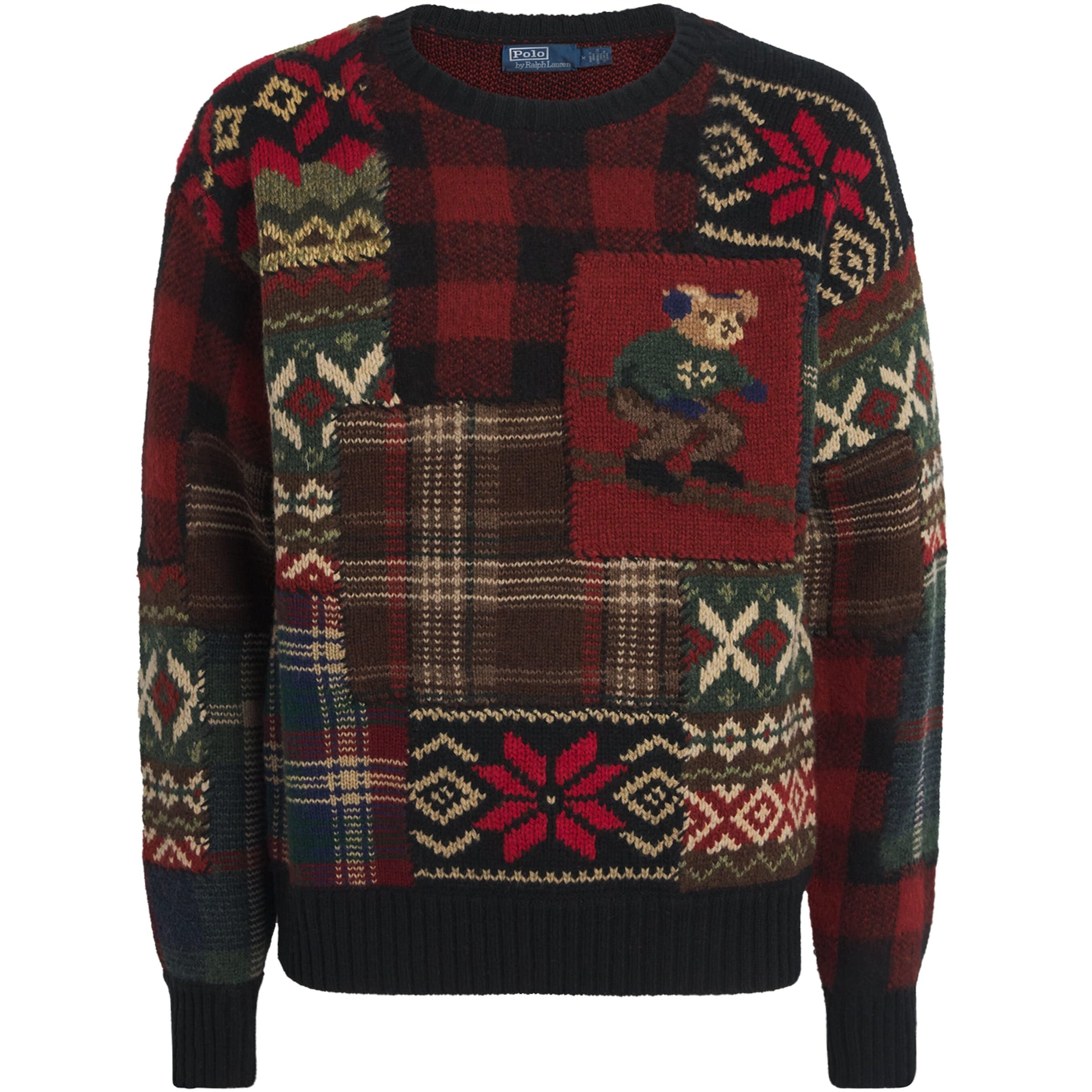 Wool Patchwork Polo Bear Sweater BLACK