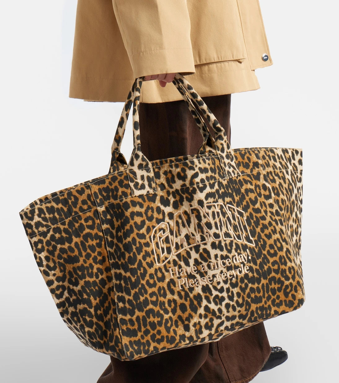 Ganni - Large leopard-print canvas tote bag