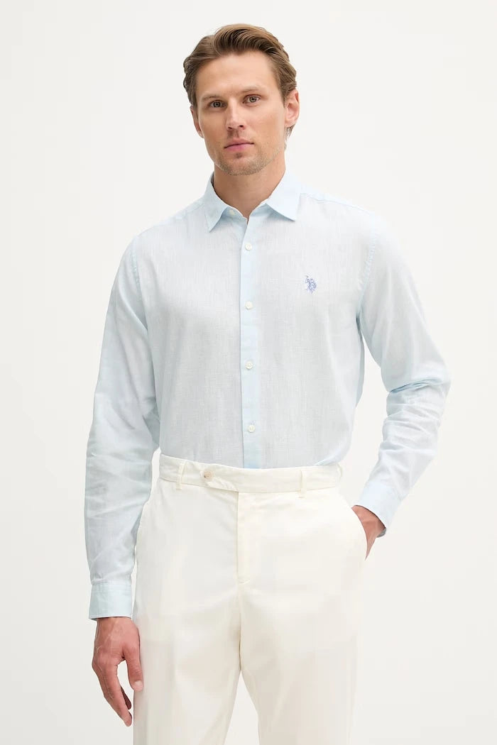 U.S. Polo Assn. риза мъжка с памук LINEN BLEND LS