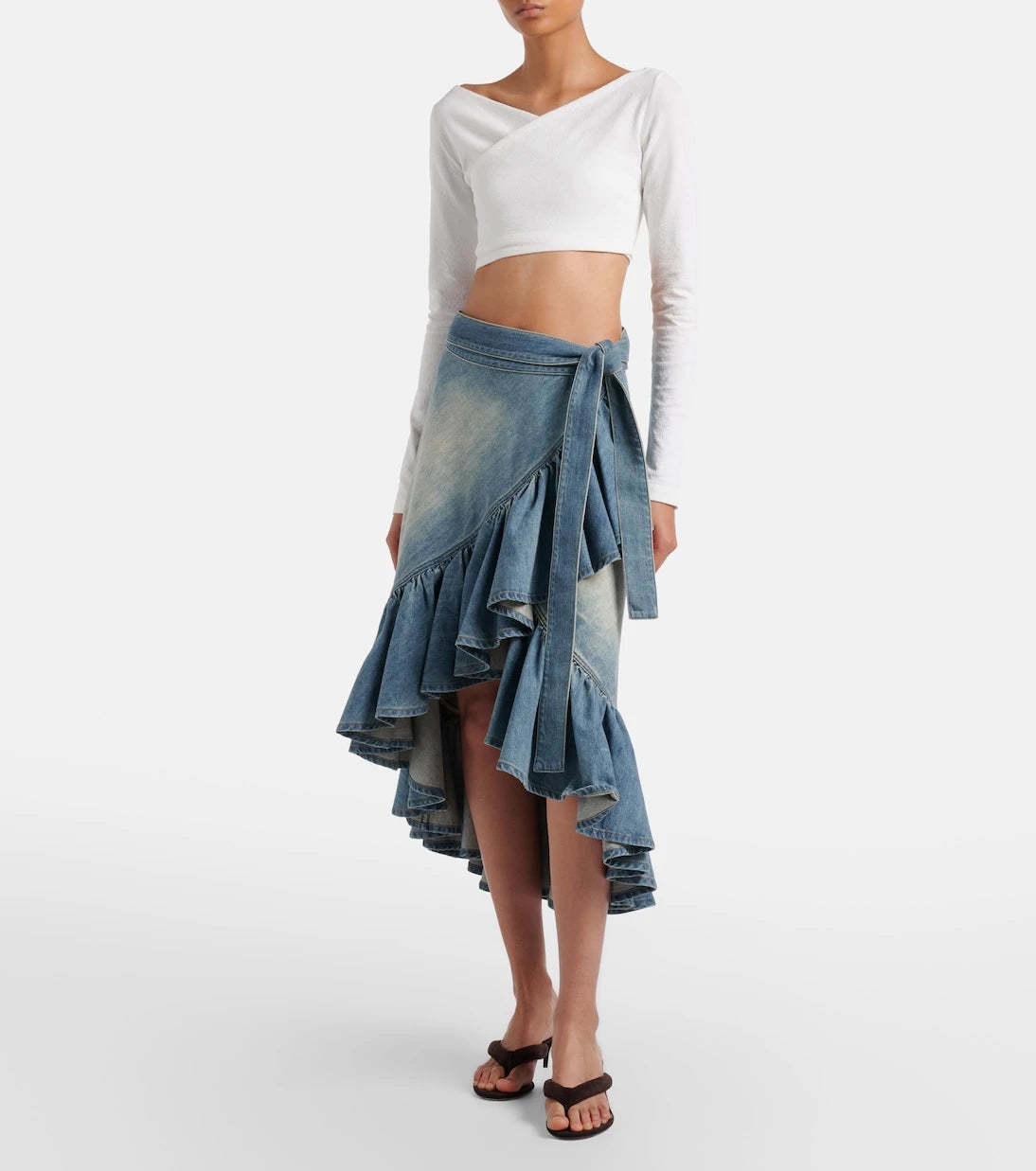 Alaïa - Ruffled denim wrap skirt