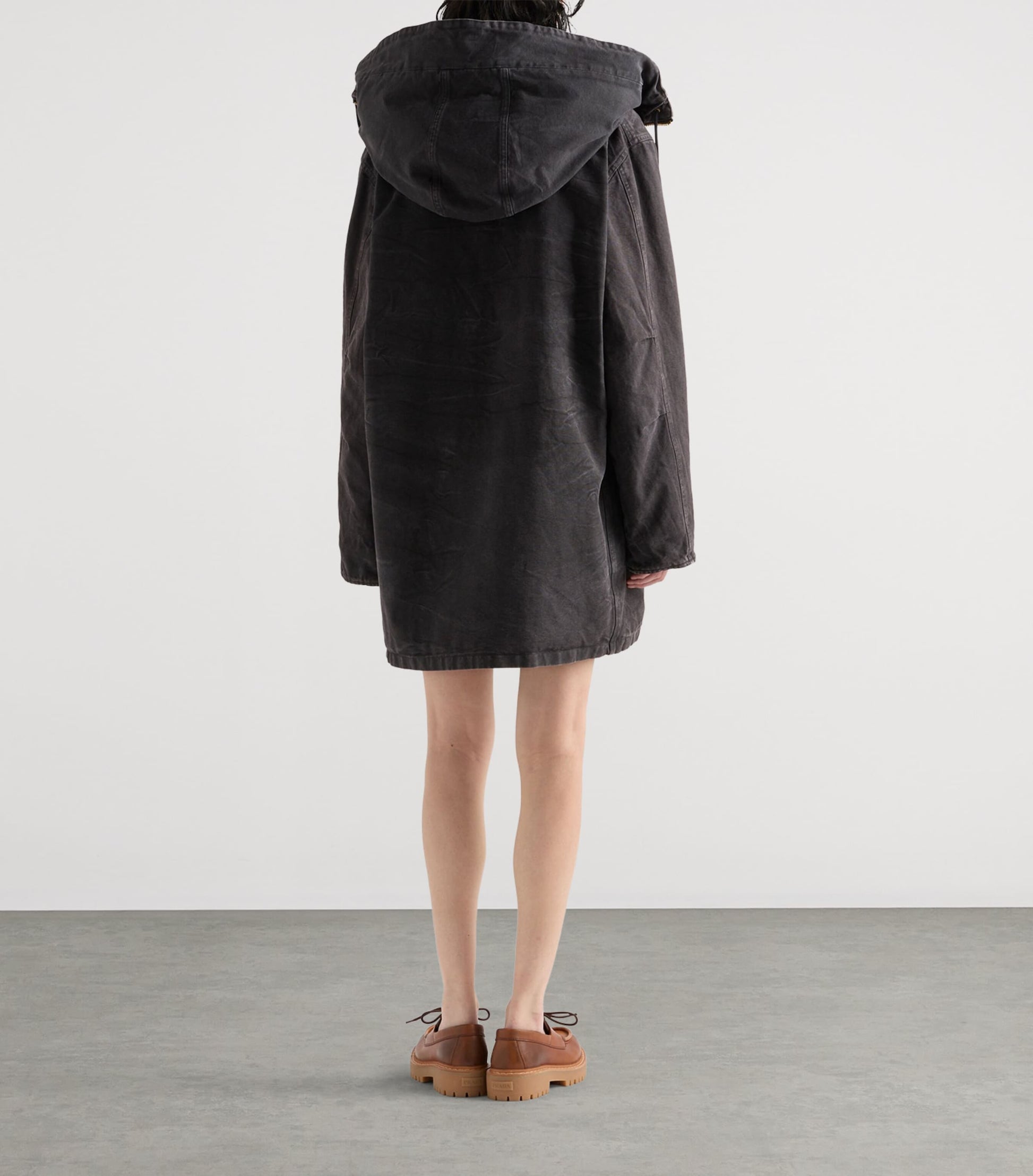 Prada Black Canvas Shearling-Hood Coat