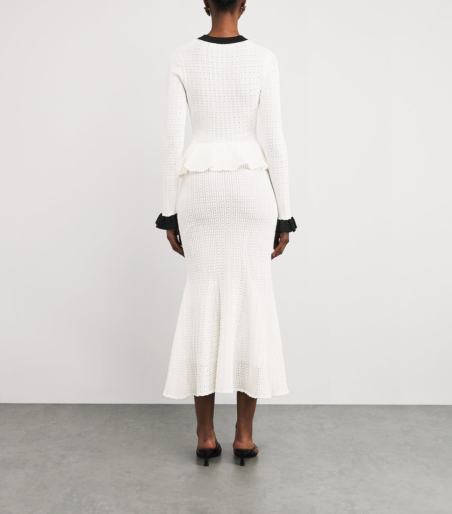Self-Portrait White Pointelle Peplum Midi Dress