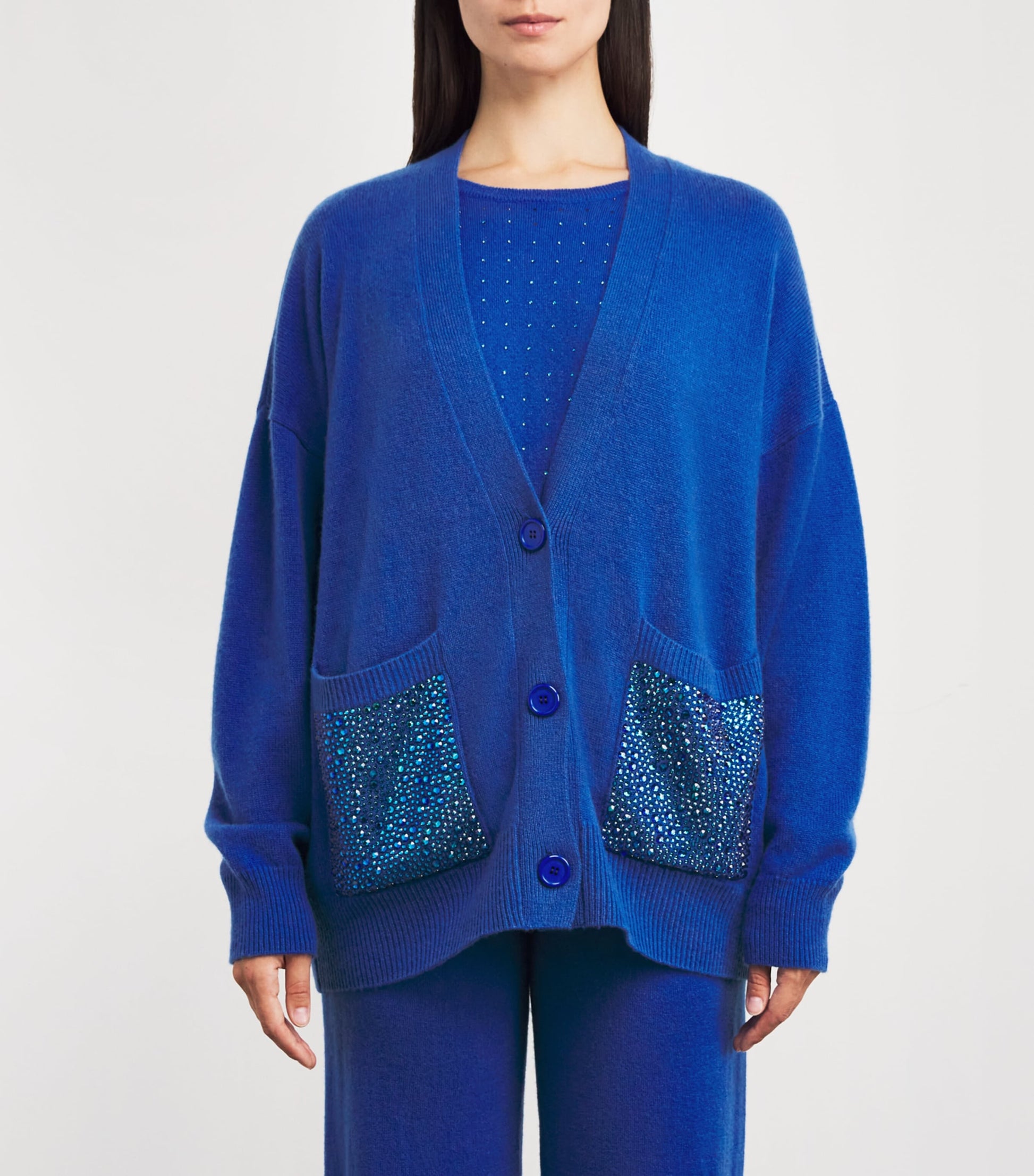 William Sharp Blue Cashmere Crystal-Embellished Cardigan