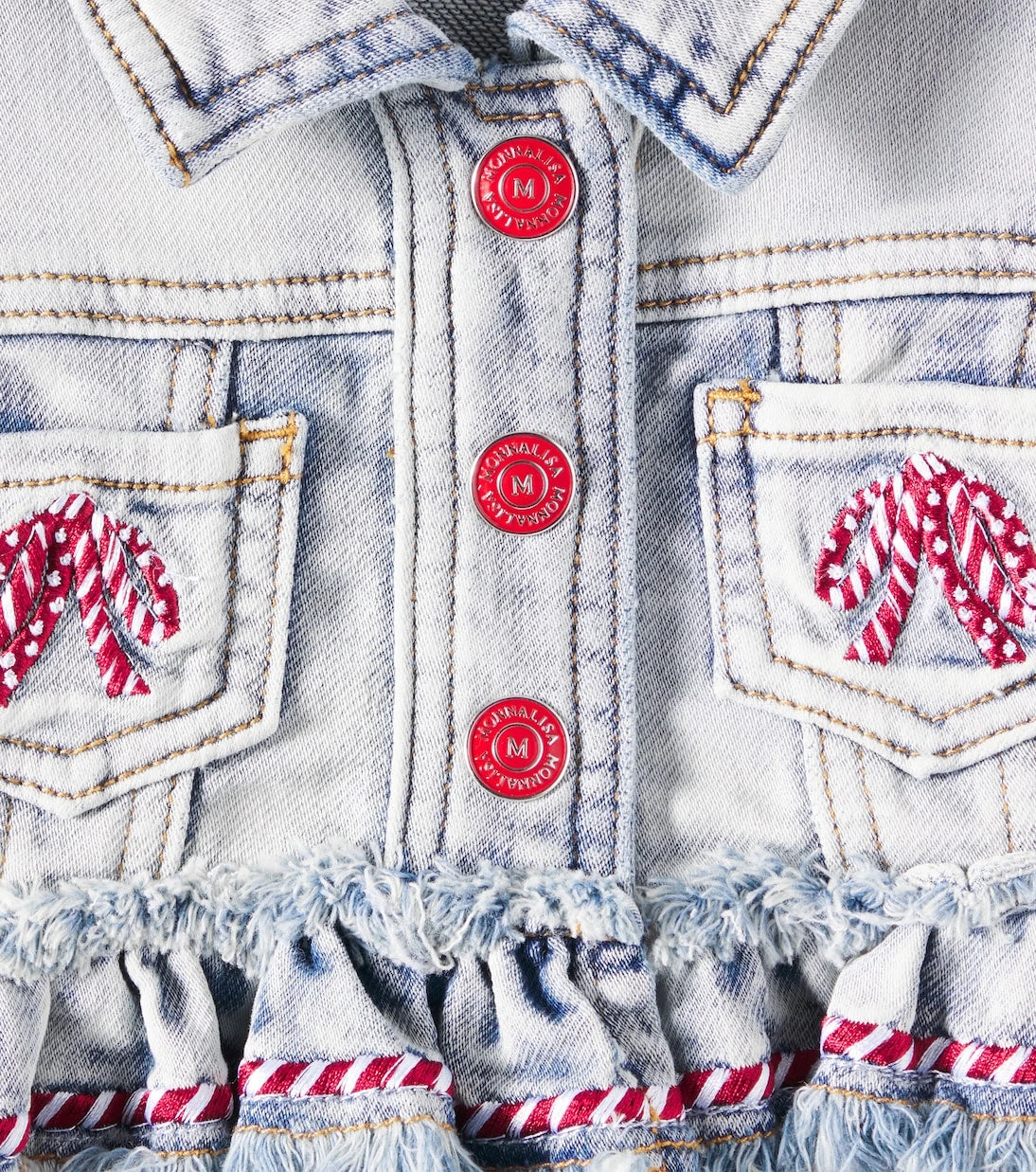 Monnalisa - Embroidered ruffled denim jacket