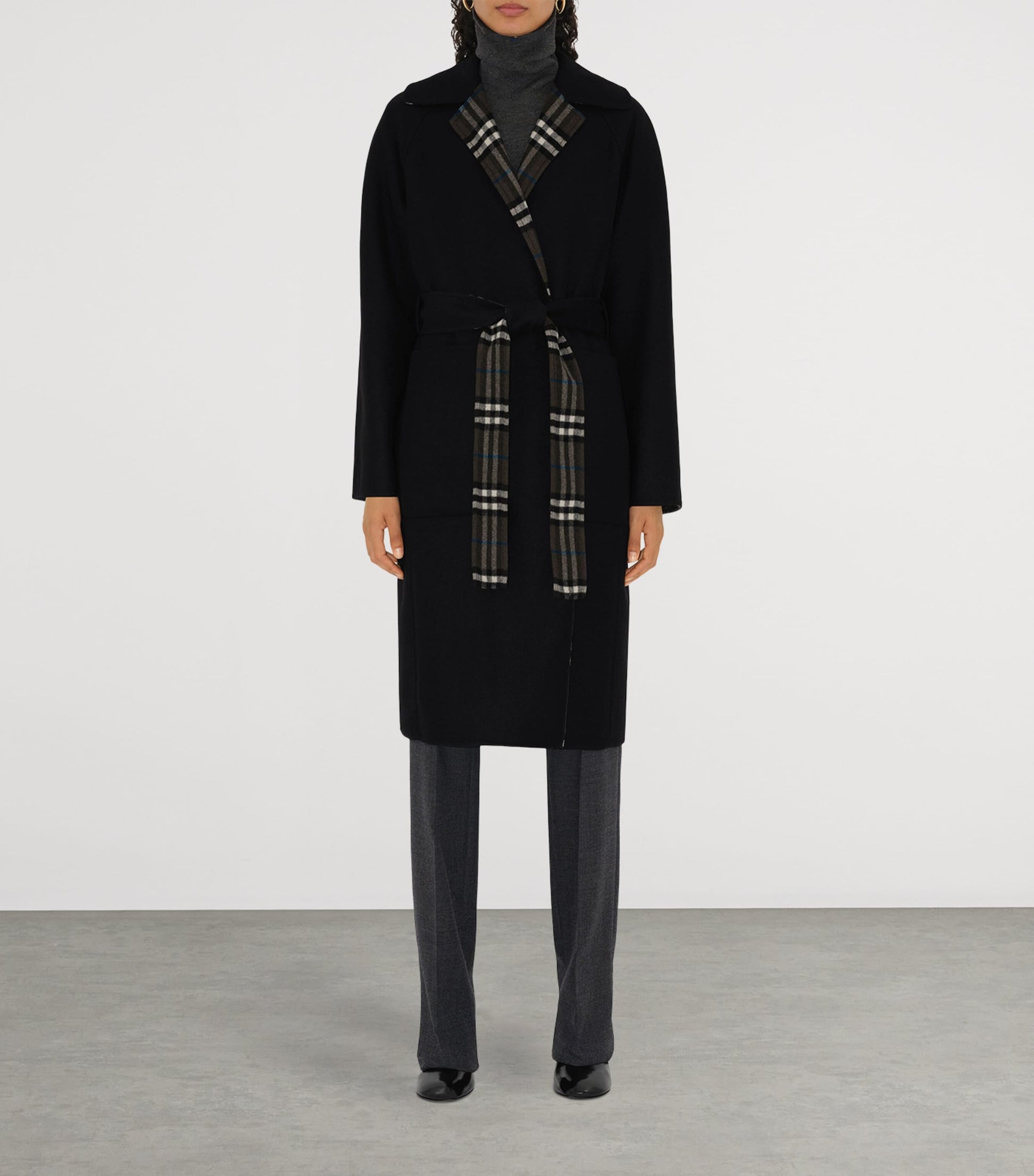 Burberry Black Wool Reversible Wrap Coat