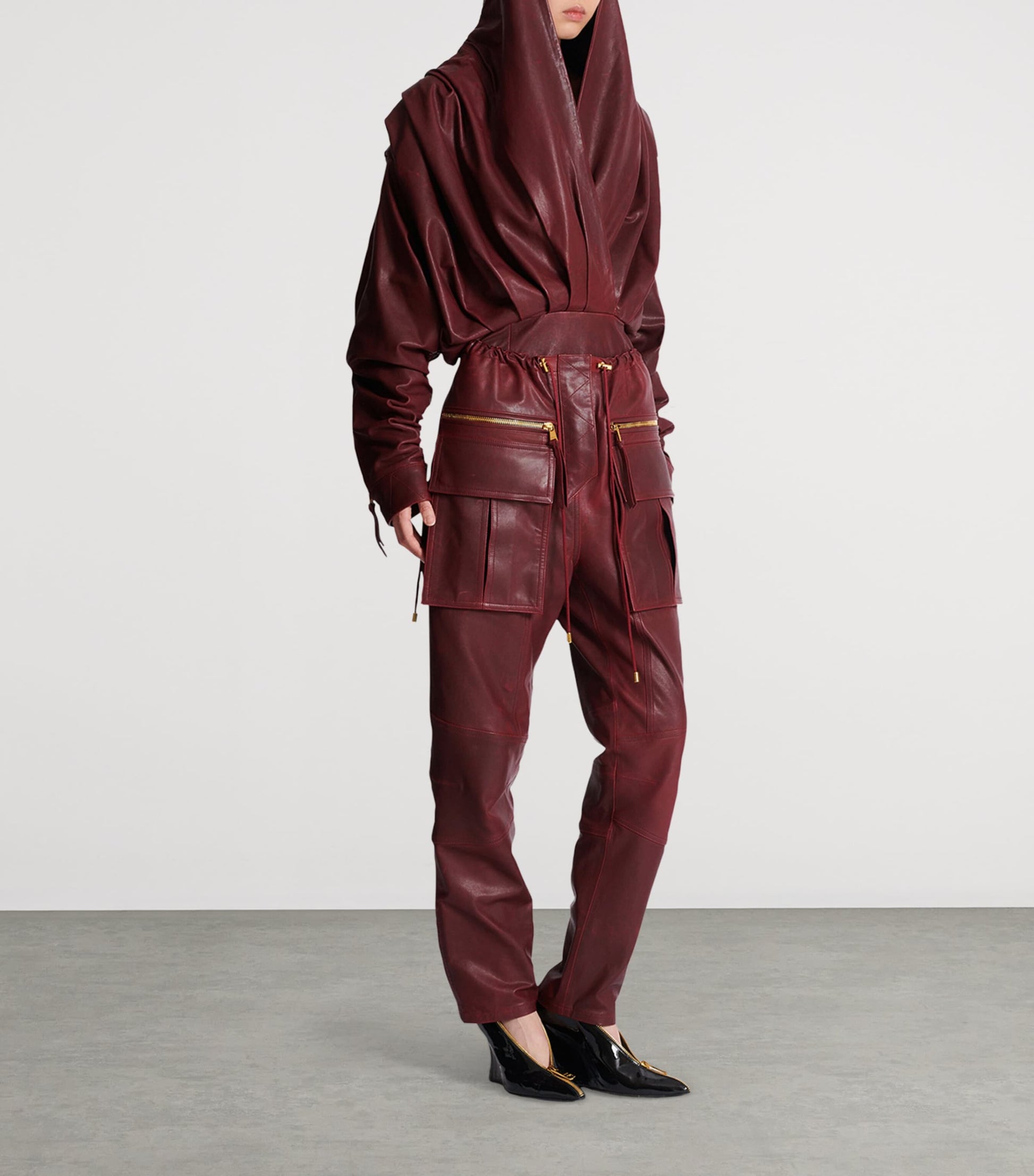 Balmain Brown Leather Hooded Mini Dress