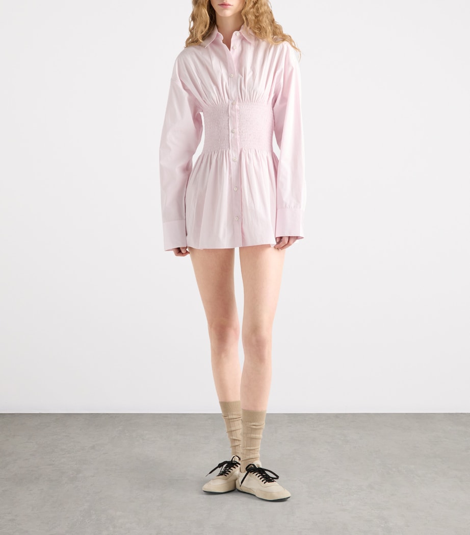 Pink Poplin Smocked-Waist Shirt Dress