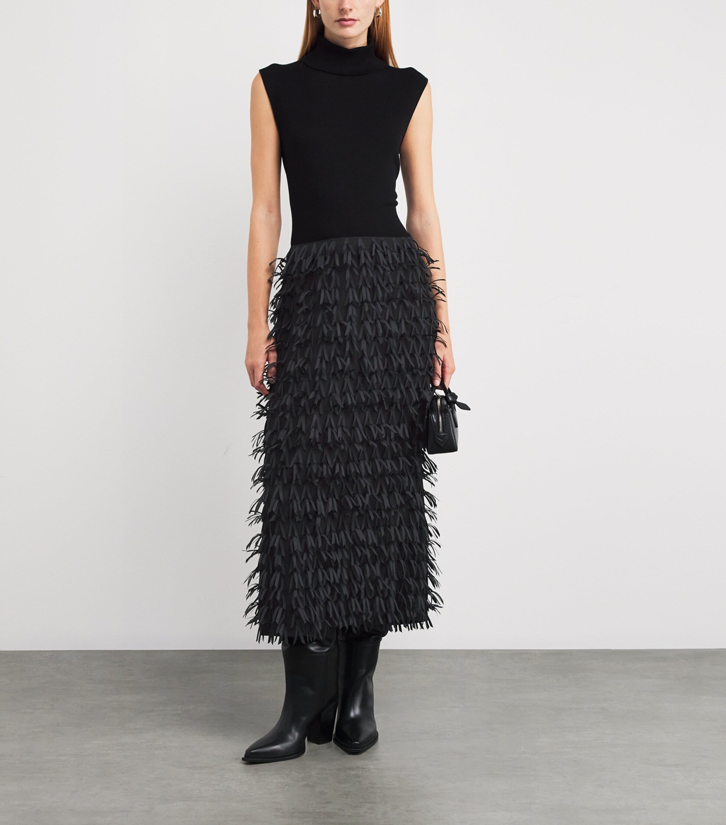 Black Ribbon Fringe Midi Pencil Skirt