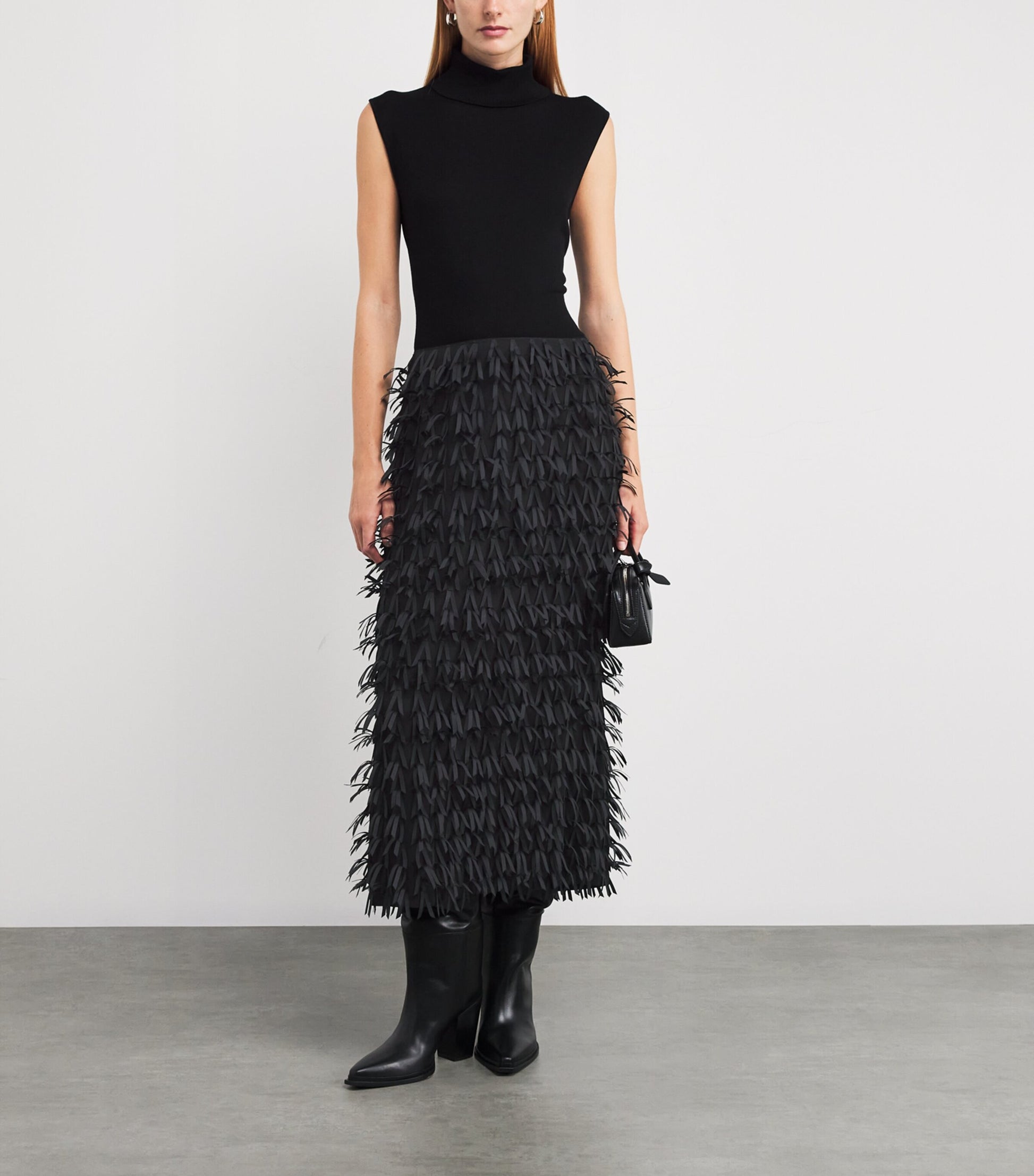 Black Ribbon Fringe Midi Pencil Skirt