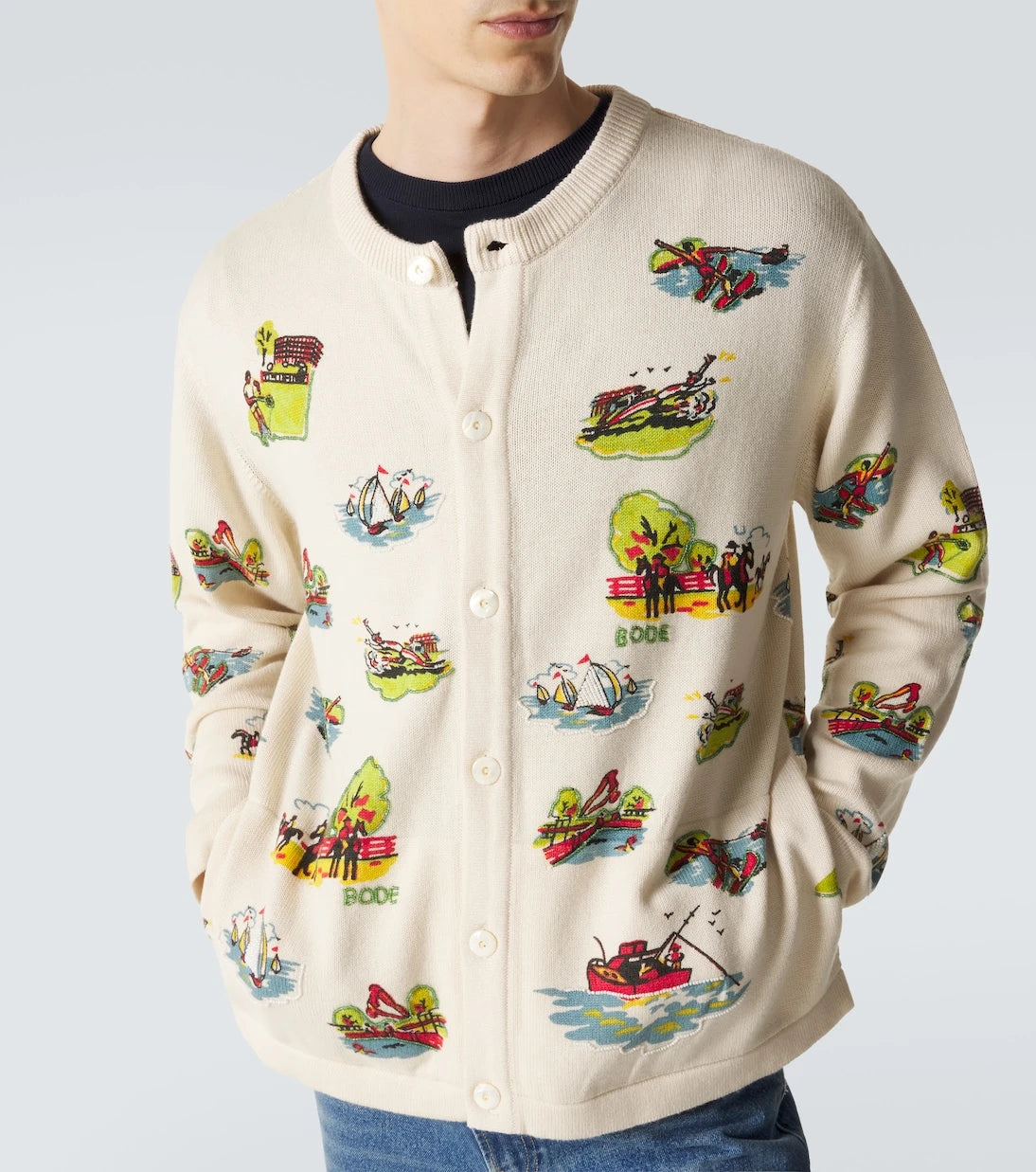Bode - Beaded Camp wool and cotton cardigan