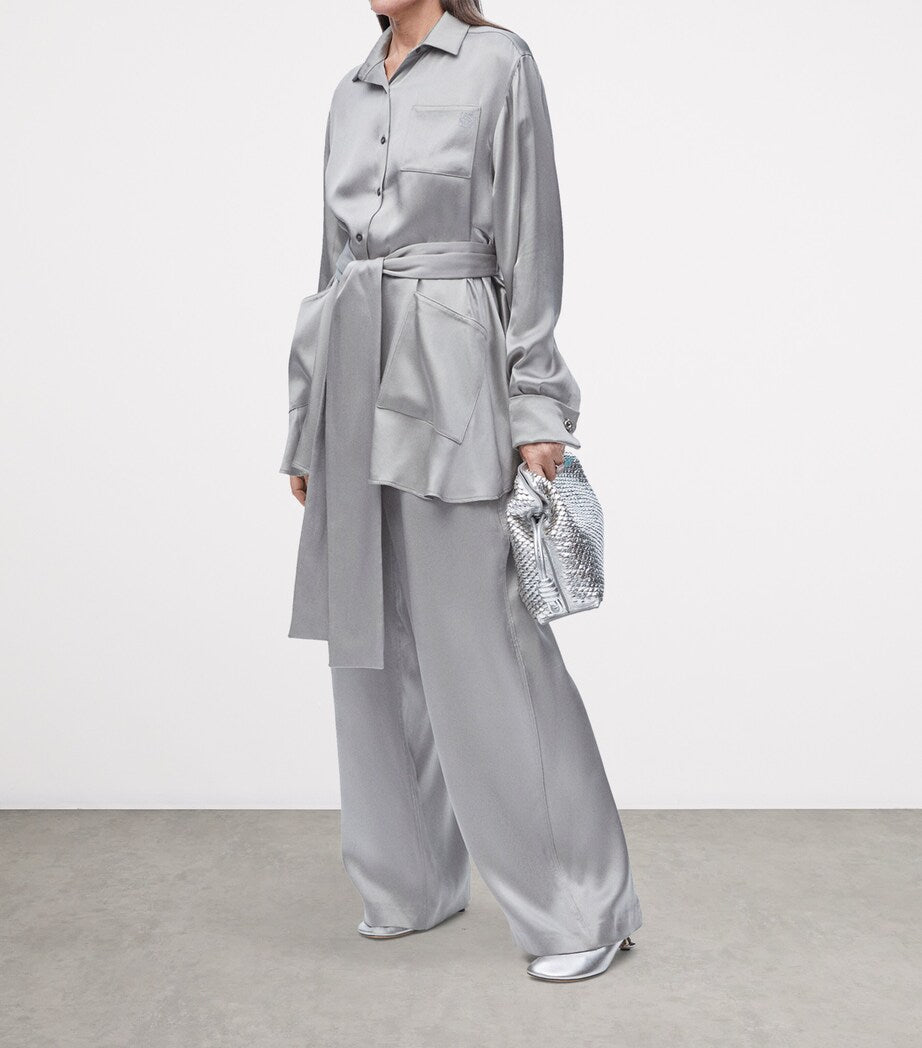 LOEWE Grey EXCLUSIVE Silk Satin Belted Silver Capsule Pyjama Blouse