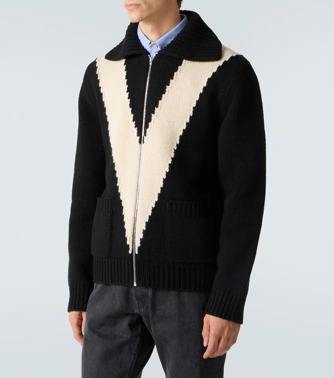 Valentino - Intarsia virgin wool zip-up cardigan