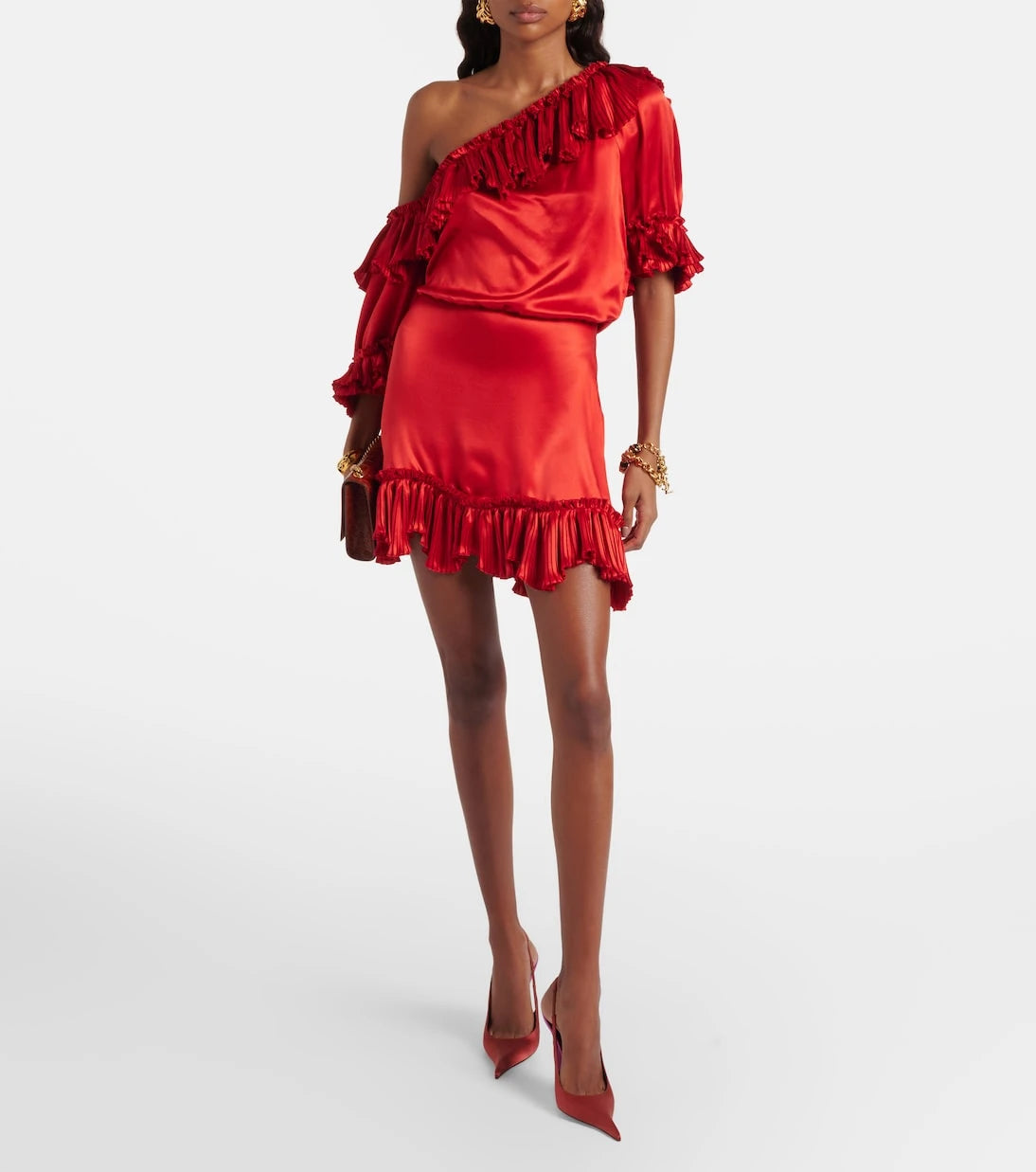 Saint Laurent - Fırfırlı ipek saten mini elbise