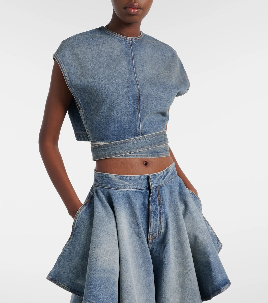 Alaïa - Belted denim crop top