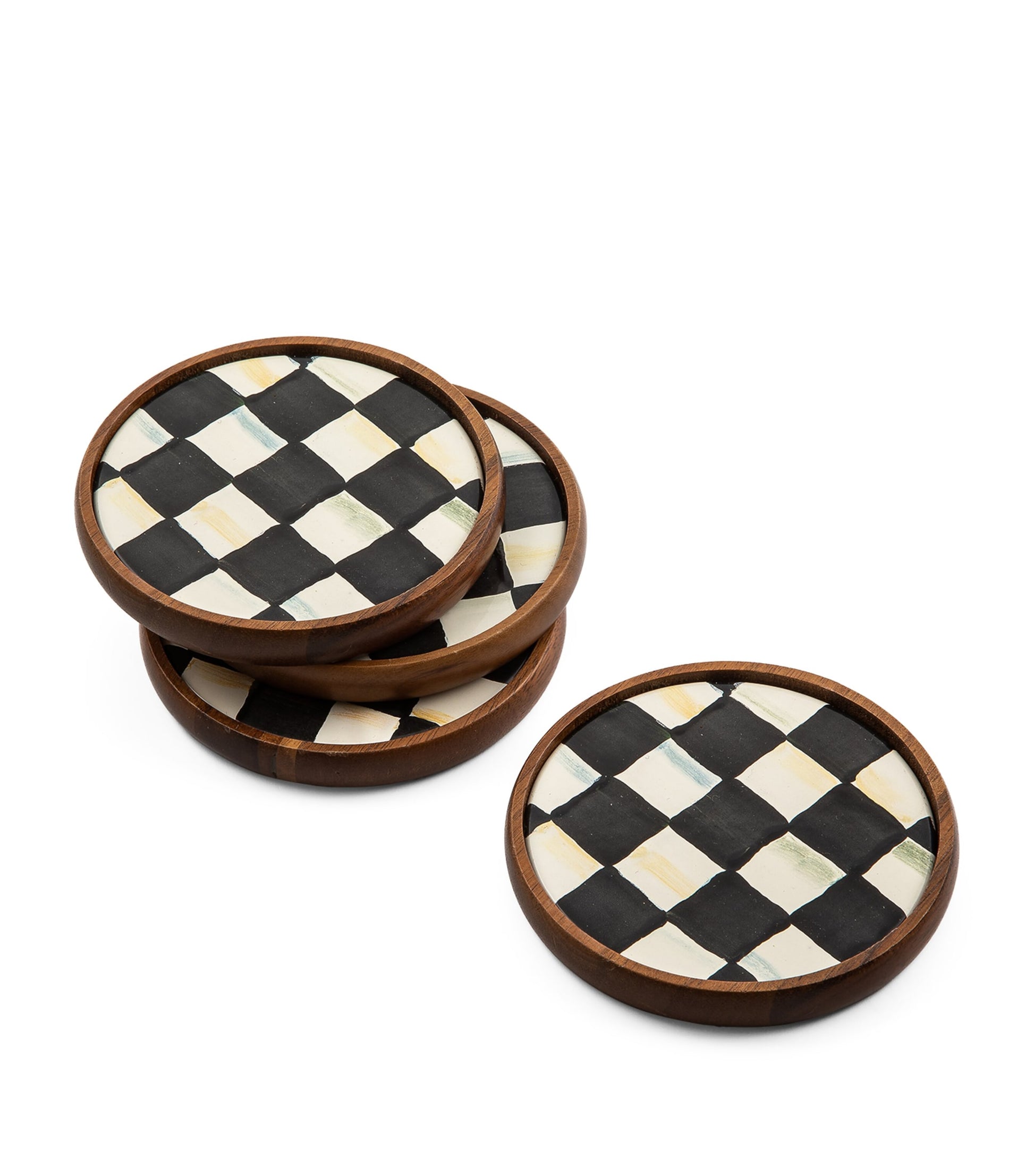 Set of 4 Wood Courtly Check Coasters BLACK