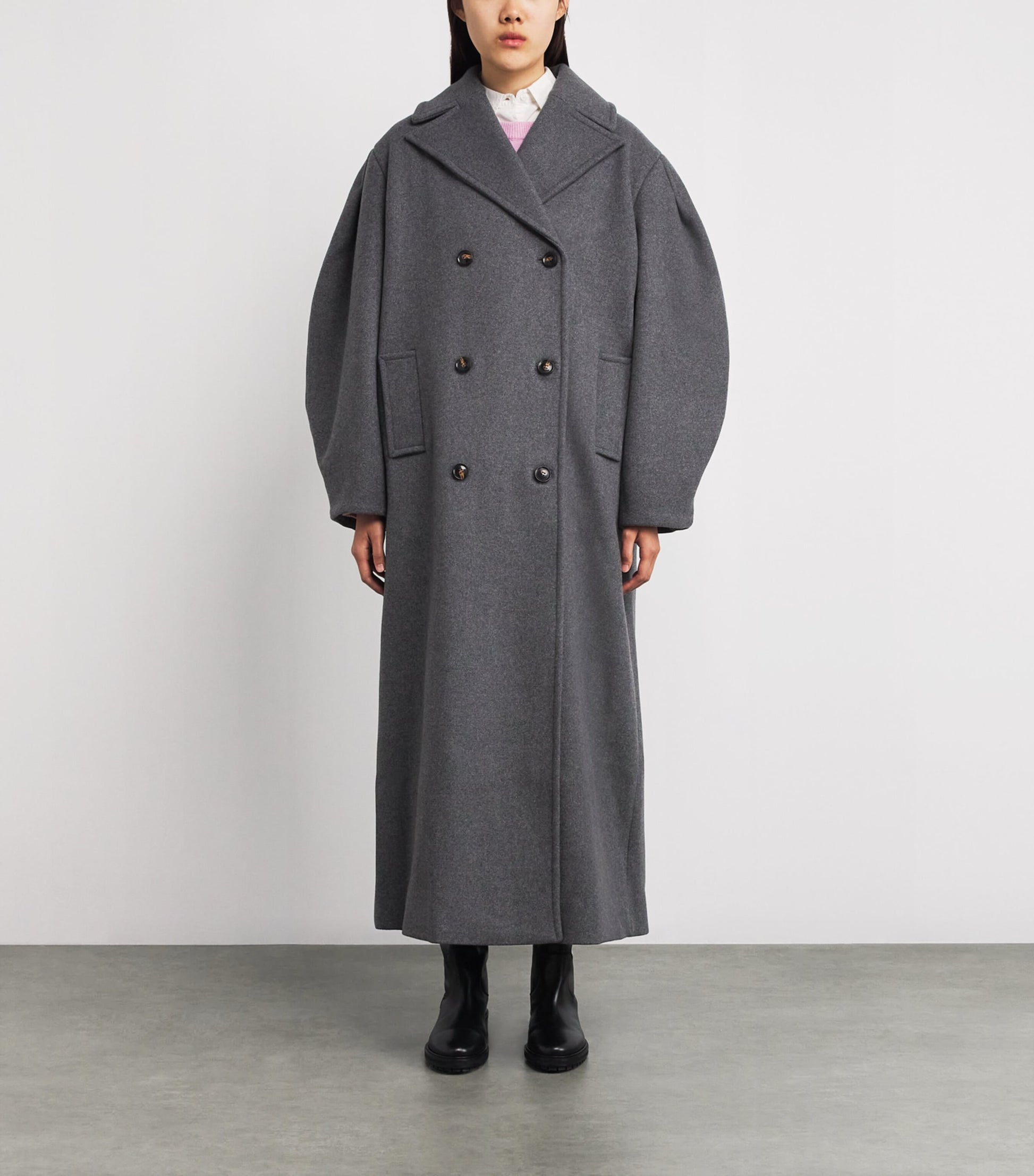 GANNI Grey Recycled Wool-Blend Longline Pea Coat