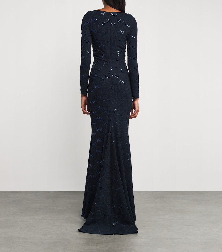 Talbot Runhof Navy Embellished Asymmetric Gown