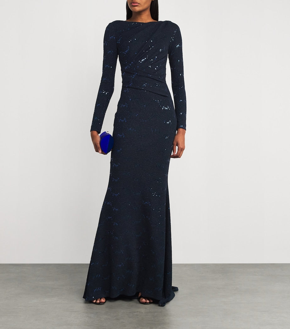 Talbot Runhof Navy Embellished Asymmetric Gown