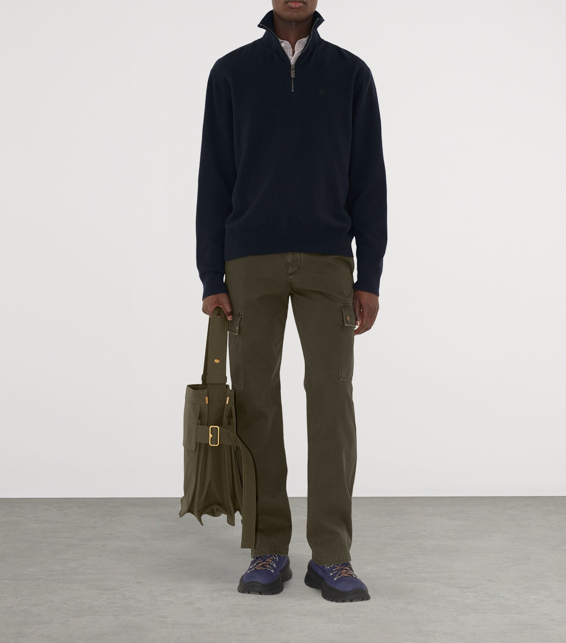 Navy Cashmere-Blend Quarter-Zip Slim Sweater