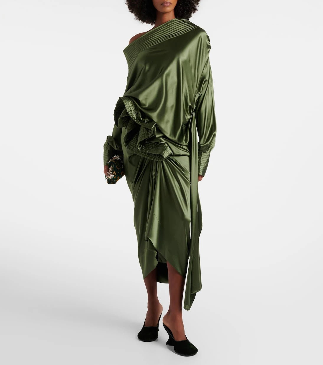 Dries Van Noten - Gathered silk-blend satin midi skirt