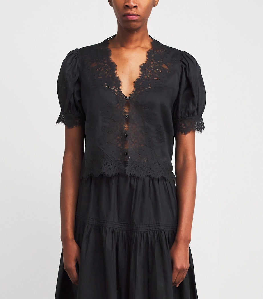 Black Ramie Lace-Trim Idella Blouse