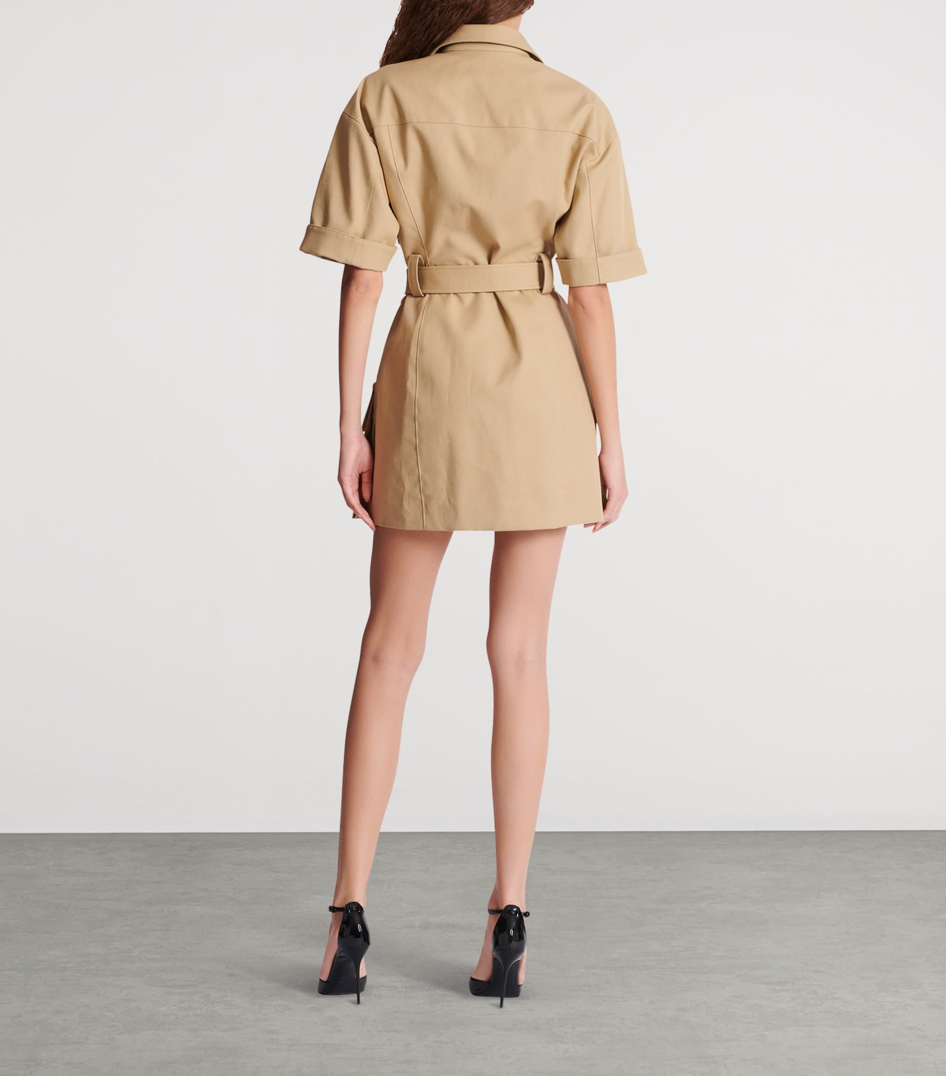 Beige Cotton Belted Mini Dress