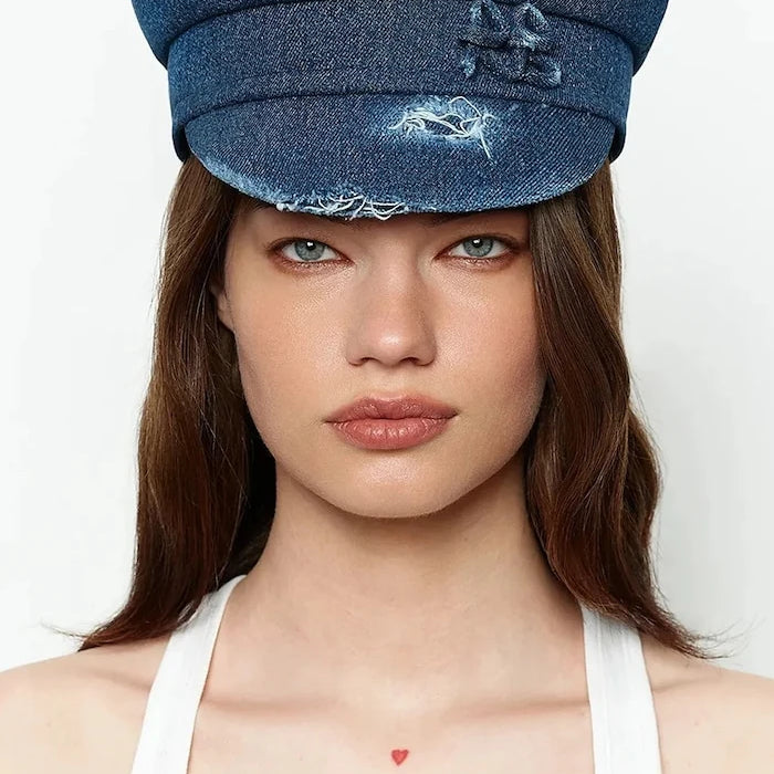 RUSLAN BAGINSKIY şapka kadın denim Distressed Denim Baker Boy Cap