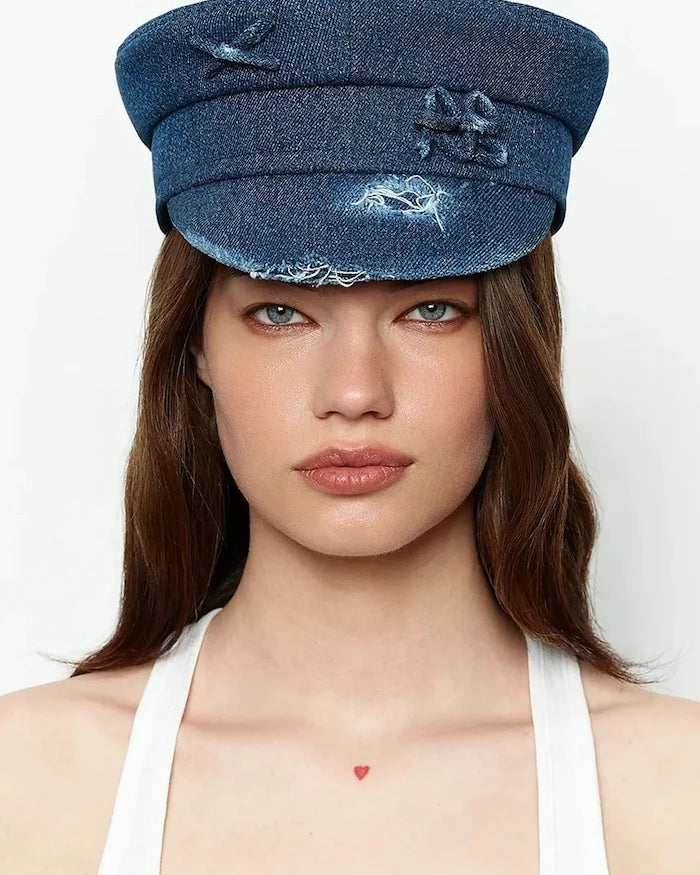 RUSLAN BAGINSKIY şapka kadın denim Distressed Denim Baker Boy Cap