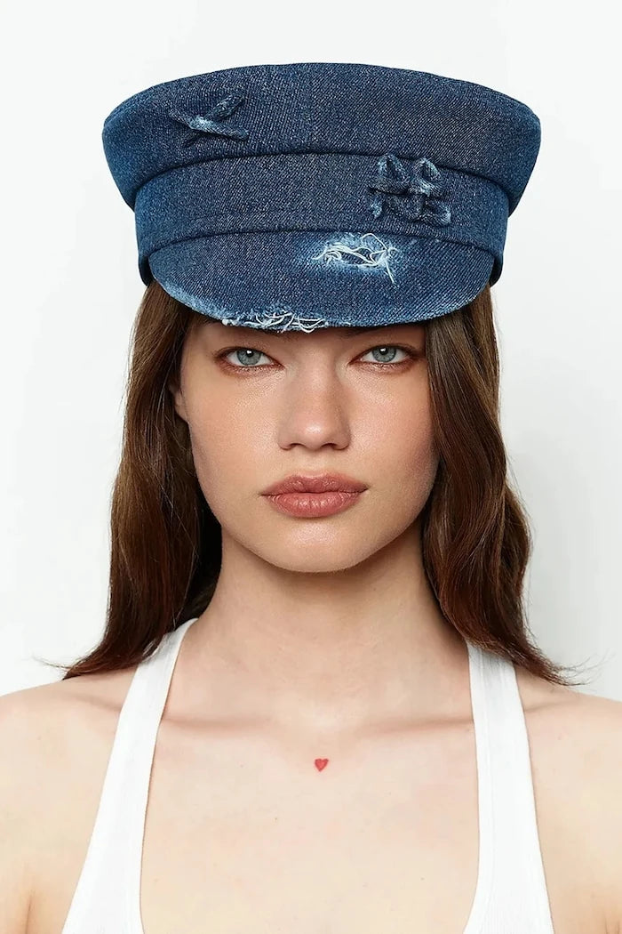 RUSLAN BAGINSKIY şapka kadın denim Distressed Denim Baker Boy Cap