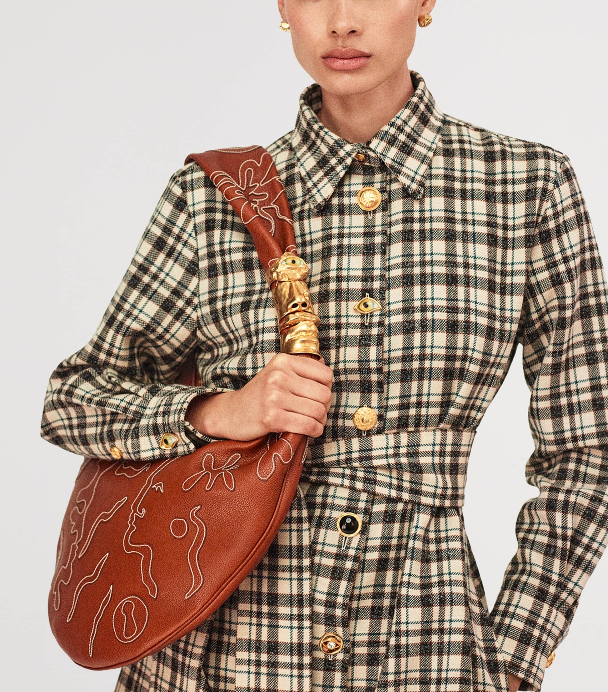 Large Leather Embroidered Soufflé Shoulder Bag 806 CARAMEL